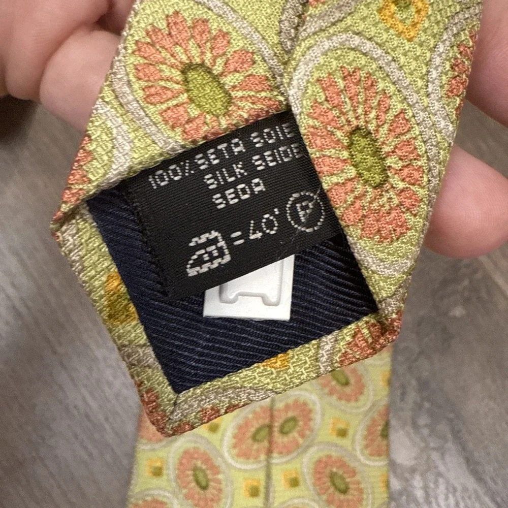 Ermenegildo Zegna Mens Silk Tie Green Peach Geometric Floral Medallion Italy NEW